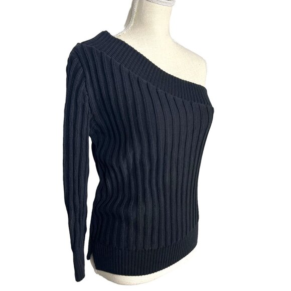 FRAME Black Ribbed One Shoulder Long Sleeve Top Medium - Picture 2 of 8